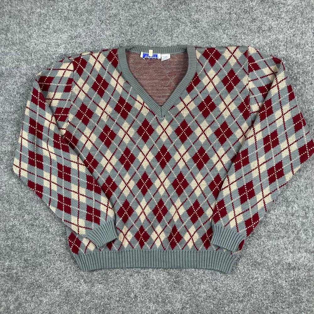 Repage Sweater Mens XL Red Gray Argyle V Neck Made in Portugal Knit